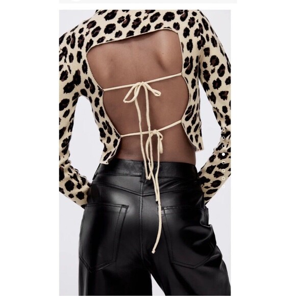 Zara Knits Animal Print Top Size Small Long Sleeve Backless Mock Neck Stretch - Picture 6 of 10